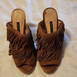 French Connection Tan Fringe Mules